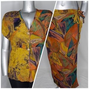Componix 90's Vtg Skirt Set 16 Abstract Multicolor Button Short Sleeve Vneck